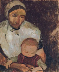 膝の上に子供がいる着席女性。 1903年、膝の上に子供がいる着席農家