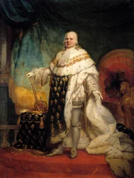 戴冠式の衣装をまとったルイ18世（1755年～1824年）の全身像 ジャン・バティスト・ポーラン＝ゲラン（Paulin Guerin）（1783年～1855年）による絵画 1824年 日。2,69 x 2,04 m - 戴冠式の衣装をまとったルイ18世（1755年～1824年）の全身の肖像。ポーラン・ゲランによる絵画（17