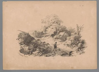 田舎道で​​人と犬がいる風景 Paulus LautersによるLandscape Studies (シリーズタイトル) Nouvelle suite de 40 études de paysages par P. Lauters (シリーズタイトル)