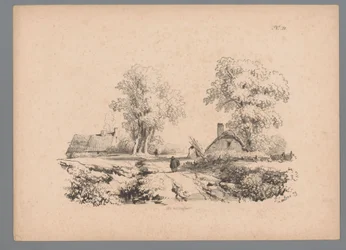 道路に 2 つの家と 2 人の人物がいる風景 Paulus LautersによるLandscape Studies (シリーズタイトル) Nouvelle suite de 40 études de paysages par P. Lauters (シリーズタイトル)