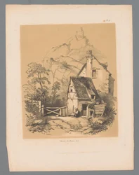 山のふもとに家があり、頂上に廃墟があるマースの風景 Sur la Meuse (オブジェクトのタイトル) Paulus Lauters の Picturesque Faces (シリーズ タイトル) Etrennes pittoresques pour 1839, par Lauters (シリーズタイトル)