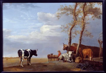 農民と動物のいる風景。ポール・ポッター（1625-1654）による絵画、オランダ派。