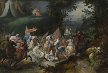 Bataille entre les Israelites et les Amalecites - イスラエル人とアマレク人の間の戦い」Casteels, Pauwels（約1649-1680年活動）作。木に油彩。寸法：45x65 cm。ストックホルム国立博物館