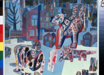 動物（動物）。 街の通りに侵入する巨大なモンスター。 Pavel Nikolayevich Filonov (1883-1941) の作品、紙に油彩