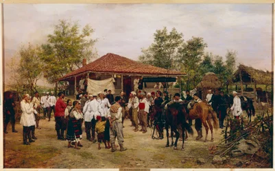 1877 年から 1878 年の露土戦争: ブルガリアのシプカ峠の戦いにおける 12 のロシア軍団 (1877 年のブルガリアでの 12 軍団のスタッフ)。 パベル・オシポビッチ・コワレフスキーの絵画