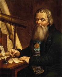 Ivan Petrovich Koulibine (Kulibin) (1735-1818)、ロシアの発明家で機械工でコンパスを使用する肖像画 (機械工で発明家の Ivan P. Kulibin の肖像)。 Pavel Petrovich Vedenetsky（1766-1847）による絵画