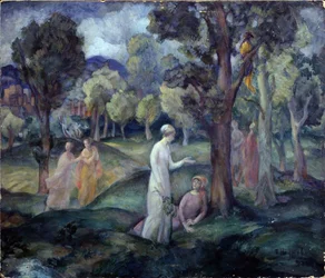 畑を散歩。 （野原を歩く）。 レジャー シーン、丘の木々 の間の若い女性。 Pavel Semyonovich Naumov (1884-1942) の作品、厚紙に油彩