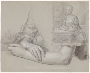 女性の肖像画の下書き。 同じ肖像画の手と腕の研究と同様に。