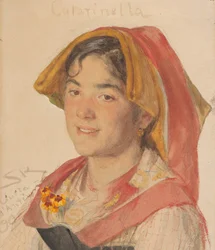 地方ドレス カタリネッラを着たチヴィタ ダンティーノの少女の頭、1890 年。