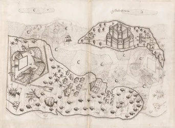 バーレーン諸島のポルトガル式平面図（ペドロ・バレート・デ・レセンデ著『東洋インド史』、Sloane MS 197、f.165v-166r（紙にペン・インク）