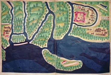 Sloane Ms 197, ff.80v-81r: モザンビークのソファラの地図、「Livro do Estado da India Oriental」より (水彩ペンとインク)