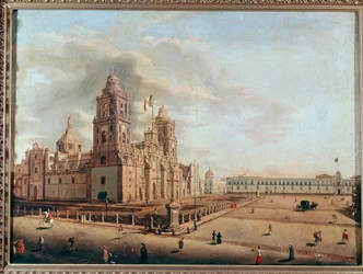 メキシコ、メキシコシティのメトロポリタン大聖堂と国立宮殿の眺め。ペドロ・グアルディ（1809-1857）による絵画、メキシコシティ、国立歴史博物館、チャプルテペク城