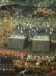 帝国軍に敗れたハンガリー・ボヘミア軍の敗北と逃走、1620年11月7日～8日のプラハ近郊白山の戦いの詳細、ピーテル・スナイアス作、ローマのサンタ・マリア・デラ・ヴィットリアにある絵画。三十年戦争、チェコ共和国