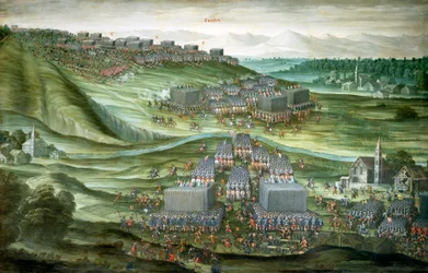 1620年11月7日〜8日のホワイト・マウンテンの戦いの第一段階におけるホワイト・マウンテンでの部隊展開、ローマのサンタ・マリア・デッラ・ヴィットリア教会に保存されているピーテル・スナイアス（1592〜1667）の絵画