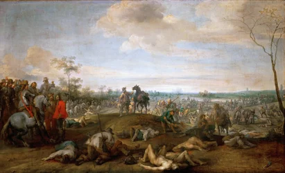 Scene de bataille, guerre de trente ans - 戦場の風景。三十年戦争の情景、スナイアス、ピーテル（1592-1667）作。油彩・キャンバス、1659年以前。サイズ：75x121 cm。美術史博物館、ヴィエンヌ