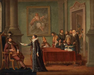 Christine Gyllenstierna (1494-1559) avec la lettre de sauf conduit, devant le roi Christian II de Danemark (1481-1559) - Christina Gyllenstierna with the letter of safe conduct before Christian II par Hillestroem, Pehr (1732-1816).キャンバスに油彩、サイズ：42