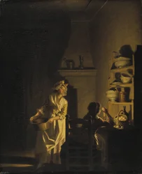 Le test des oeufs, interieur de cuisine - 卵のテスト。台所の内部』ヒレストロム、ペール（1732-1816）作。木に油彩。寸法：39x32 cm。ストックホルム国立博物館