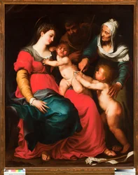 聖家族と蝶、聖エリザベートと聖洗礼者ヨハネの絵画 ペレグロ・ピオラ (1617-1640)