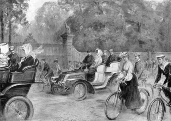 ロンドンのケンジントンハイストリートのモーターと自転車、1903年