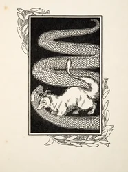 蛇の駆除、『動物の百珍』より。1924年、彫刻