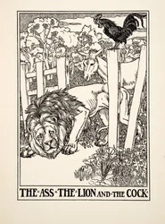 ロバとライオンと雄鶏、『イソップ寓話百選』より、1903年刊