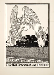 闘う雄鶏たちと鷲、『イソップ寓話百選』より、1903年刊