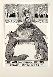 フォンテーヌ寓話、パブから猿の前にキツネを非難するオオカミ。 1905
