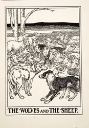 イソップ寓話集』より「狼と羊」、1903年刊（彫刻