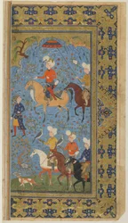 FirdawsiによるShahnama（Book of kings）からのロイヤルハント、c.1590-1600（インク、不透明な水彩画、紙に金）