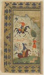 FirdawsiによるShahnama（Book of kings）からのロイヤルハント、c.1590-1600（インク、不透明な水彩画、紙に金）