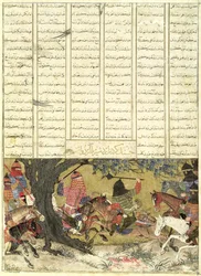 アルダヴァンの息子であるアルダシルバトリングバーマン、シャフナマ（王の書）のイラスト、Abul-Qasim Manur Firdawsi（c.934-c.1020）1325-50（wc、ink＆gold on paper）