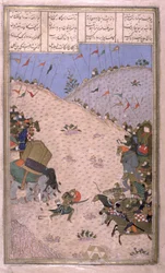 Bahram Chubina、彼の象の殺害、Fights on Foot、Shahnama（Book of Kings）のイラスト、Abul-Qasim Manur Firdawsi（c.934-c.1020）c.1440-45（ペン、インク、ベラムにインク）