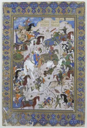 1540年にニザミによって最初に書かれた詩LaylaとMajnunからのKrusrauとBahram Chubainaの間の戦い（ベラムにインク）