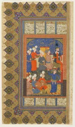 FirdawsiによってShahnama（王の書）から即位したLuhraspの廷臣、c.1590-1600（インク、不透明な水彩画、紙に金）