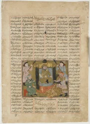 フィルスタシ（d.1020）によるShahnama（Book of Kings）のロスタムの手によるスダバの死（紙に不透明な水彩、インク、金、銀）
