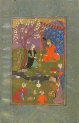 Jamshid u Khurshid、イラン、サファヴィー朝時代のフォリオ、1600年頃（不透明な水彩、インク、紙の上の金）