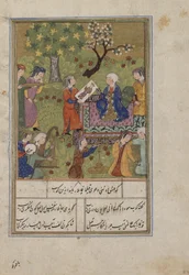 ニザミによるカムサ（五重奏曲）のフォリオ。 Shirin Examinations Khusraws Portrait、Iran、c.1500（不透明な水彩、インク、カラーマイカ、紙の上の金）