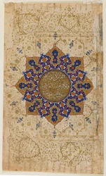 イランコーランのフォリオc.1550-70（不透明な水彩、インク、紙の上の金）