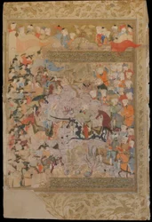ミルクワンド（1498年作）のRawzat al-safa（Garden of felicity）のフォリオ。直訳：アレッポ、シラーズ、イラン、サファヴィー朝時代のビザンチンとの戦い、1571-72年（不透明な水彩、インク、金