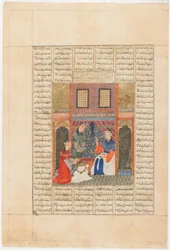 Firdawsi（d.1020）によるShahnama（Book of Kings）のフォリオ。 Recto：SandukhtがRudabaの行動に気付く、タブリーズ、イラン、イルハン朝時代、c.1330-40（不透明な水彩、インク、紙に金）