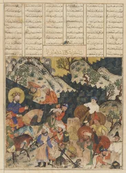 Firdawsi（d.1020）によるShahnama（Book of Kings）のフォリオ。直訳：イスカンダルは鉄のランパート、タブリーズ、イラン、イルカニド時代、1330年頃から40年頃（紙に不透明な水彩画、インク、金）