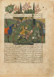 Firdawsi（d.1020）によるShahnama（Book of Kings）のフォリオ。 verso：Suhrab with Combat in Rustam、Iran、c.1440（不透明な水彩、インク、紙の上の金）