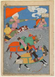 Firdawsi（d。1020）によるShahnama（Book of Kings）のフォリオ。 recto：ZangaとAwkhastの間の戦い。ギラン、イラン、トゥルコマン期、1493-1494（紙に不透明な水彩画、インク、金）