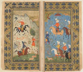 FirdawsiによるShahnama（Books of Kings）のフォリオ。王室狩猟、イラン、1590年-1600年頃（不透明な水彩、インク、紙の上の金）