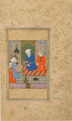 ヤミによるユスフ・ズライカのフォリオ（d。1492）;ズライカと老人が会話を聞く、おそらくイランのマシュハド、1560-70年頃（不透明な水彩画、インク、紙の上の金）