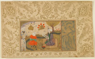 正体不明のテキストからのフォリオ。イランの小川に座る女と会話する女性、1500年頃（不透明な水彩、インク、紙の上の金）