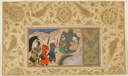 正体不明のテキストからのフォリオ。イスカンダル（？）イランの隠者を訪ねる（1500年頃）（紙に不透明の水彩画、インク、金）