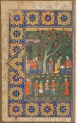 正体不明のテキストからのフォリオ。 recto：A Party in a Garden、Shiraz、Iran、c.1570（不透明な水彩、インク、紙の上の金）