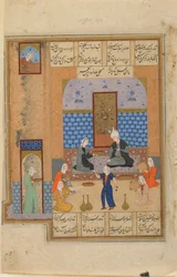 正体不明のテキストからのフォリオ。直訳：パビリオンの王子と王女、イラン、シラーズ、c.1540-50（紙に不透明な水彩画、インク、金）
