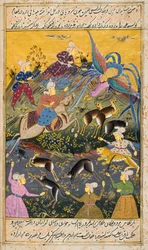 虎と鹿を殺す狩猟隊（不透明水彩、金、紙）